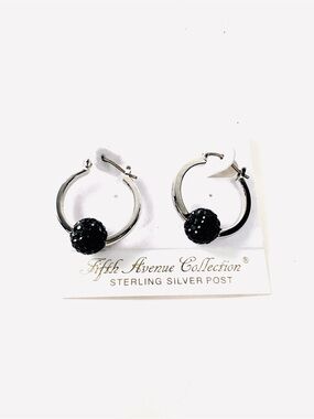 Swarovski Earrings by Fifth Avenue Collection Crystal Silver Hoop Black Ball